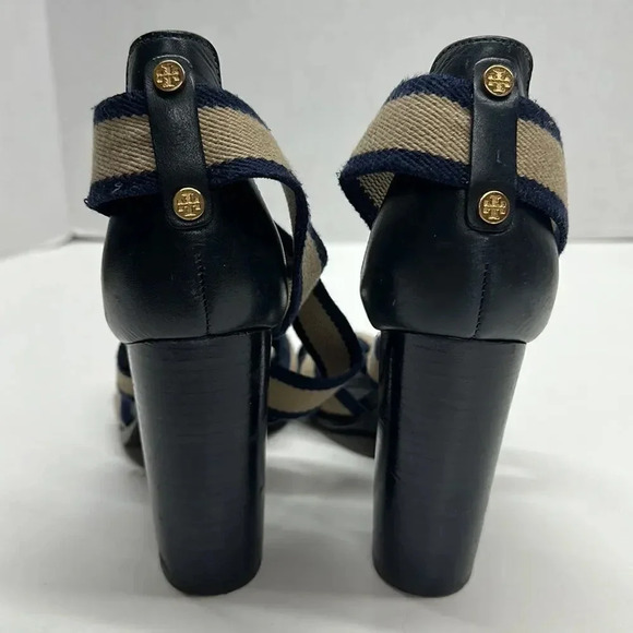 Tory Burch Laurie Criss Cross Elastic Strap Chunky Stacked High Heel Shoe 10 - Picture 4 of 10